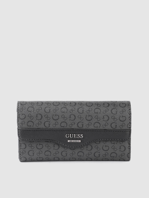 

GUESS Women Charcoal Grey & Black Brand Logo Print Three Fold Wallet