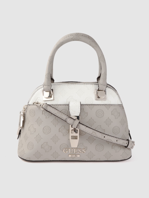 

GUESS Taupe & White Colourblocked & Brand Logo Textured Handheld Bag with Sling Strap