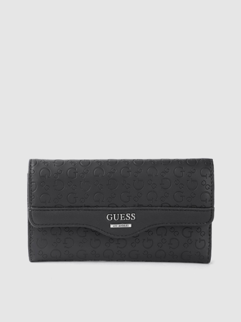 

GUESS Women Black Brand Logo Textured Three Fold Wallet