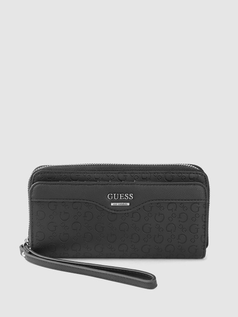 

GUESS Women Black Brand Logo Textured Zip Around Wallet with Wrist Loop