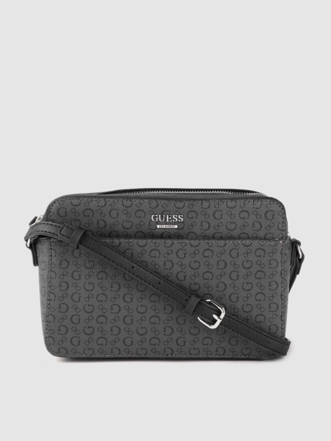 

GUESS Charcoal Grey & Black Brand Logo Print Sling Bag with Non-Detachable Sling Strap