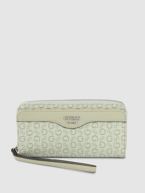 

GUESS Women Mint Green Brand Logo Textured Zip Around Wallet with Wrist Loop
