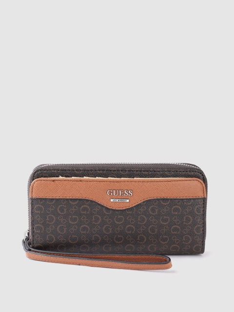 

GUESS Women Brown Brand Logo Print Zip Around Wallet with Wrist Loop