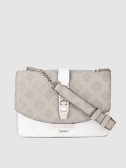 

GUESS Taupe & White Colourblocked & Brand Logo Textured Sling Bag