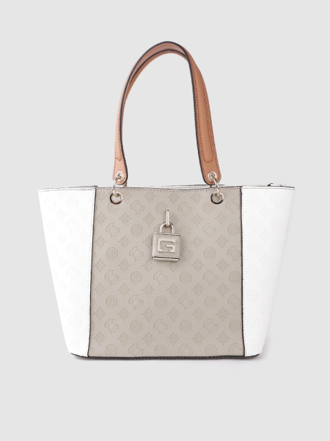 

GUESS Taupe & White Colourblocked & Brand Logo Textured Shoulder Bag