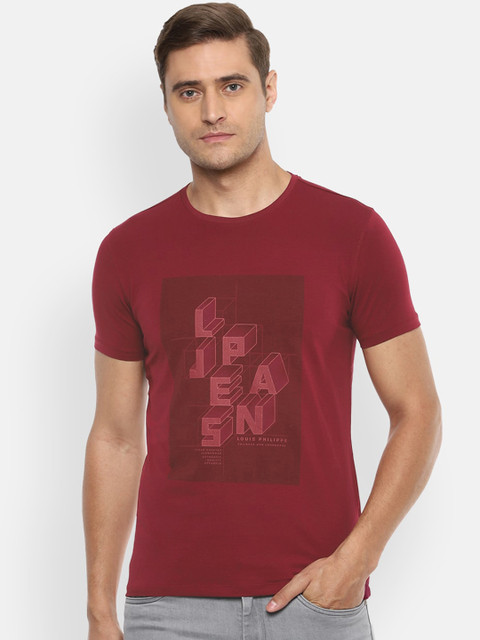 

Louis Philippe Jeans Men Maroon Slim Fit Printed Round Neck Pure Cotton T-shirt