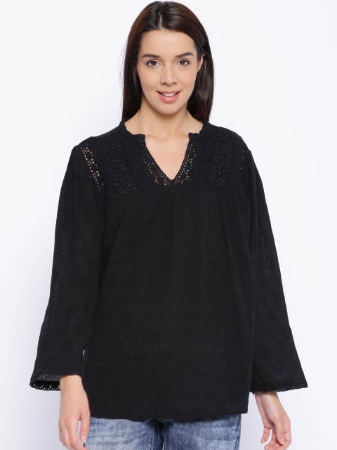 

MANGO Black Embroidered Crochet Detail Top