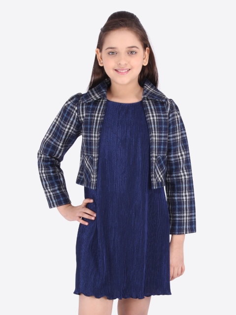 

CUTECUMBER Girls Navy Blue Self Design A-Line Dress With Jacket