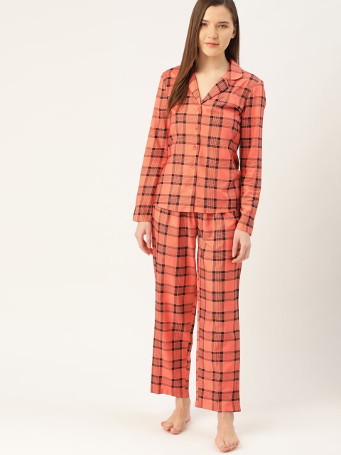 

ETC Women Peach-Coloured & Black Checked Night suit