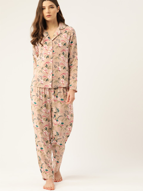 

ETC Women Beige & Green Floral Printed Night suit