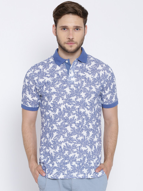 

H.E. by MANGO White & Blue Tropical Print Polo T-shirt