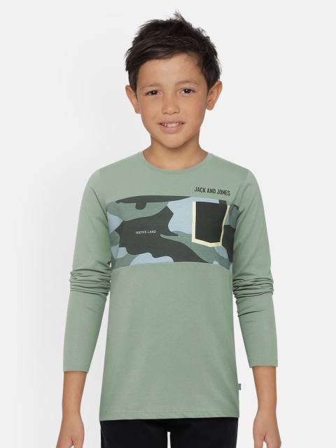 

Jack Jones Boys Green Camouflage Printed Round Neck Pure Cotton T-shirt