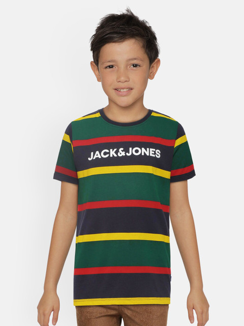 

Jack Jones Boys Multicoloured Striped Round Neck Pure Cotton T-shirt, Multi