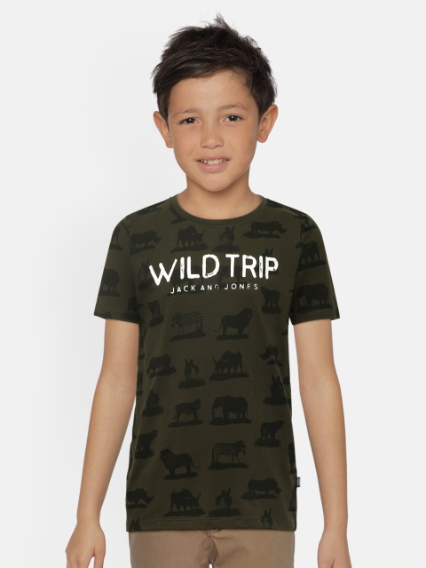 

Jack & Jones Boys Olive Green Organic Cotton Printed Round Neck T-shirt
