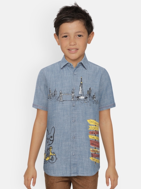 

Jack & Jones Boys Blue Slim Fit Printed CITY SS Pure Cotton Casual Shirt