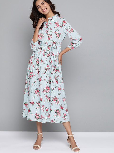 

Mast & Harbour Women Blue & Pink Floral Print Shirt Dress With Belt
