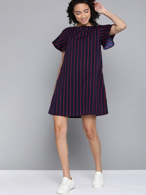 

Mast & Harbour Women Navy & Red Striped A-Line Dress, Navy blue