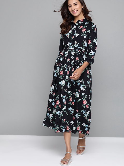 

Mast & Harbour Women Navy Blue & Pink Floral Printed Shirt Dress With Belt
