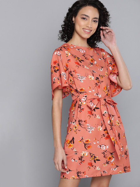 

Mast & Harbour Women Peach-Coloured Floral Print A-Line Dress