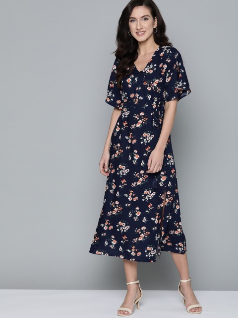 

Mast & Harbour Women Navy Blue & Peach-Coloured Floral Printed Wrap dress