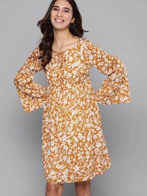 

Mast & Harbour Women Mustard Yellow & White Pure Cotton Floral Print A-Line Dress