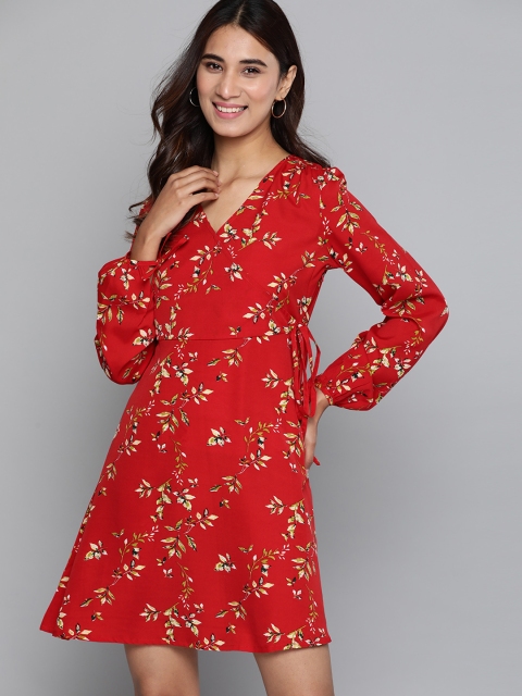 

Mast & Harbour Women Red & Lime Green Floral Print Wrap Dress