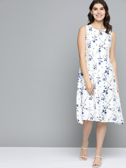 

Mast & Harbour Women White & Blue Floral Print A-Line Dress