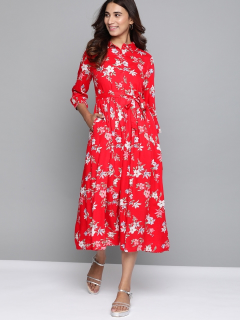 

Mast & Harbour Women Red & White Floral Print Shirt Dress With Belt