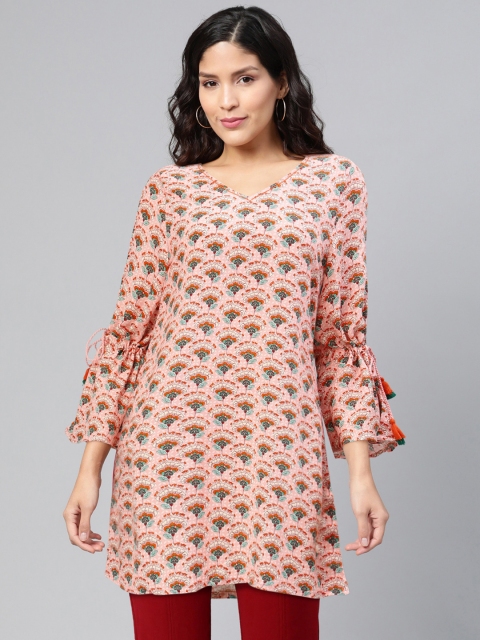 

Global Desi Pink & Green Floral Printed Bell Sleeves Longline Regular Top