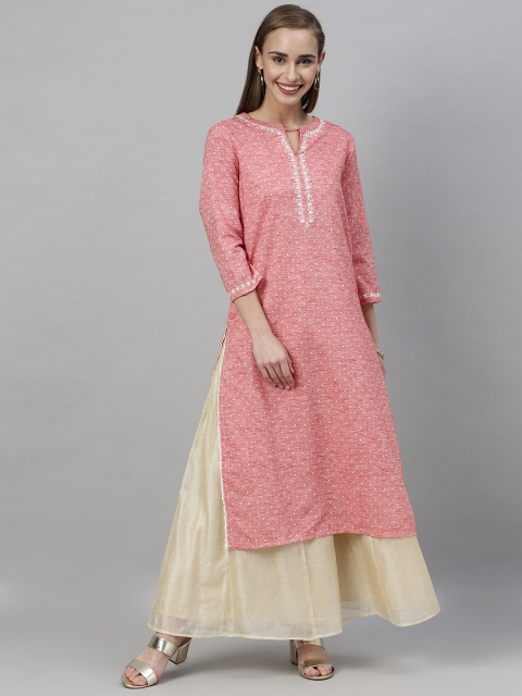 

Global Desi Women Pink & White Woven Design Straight Kurta