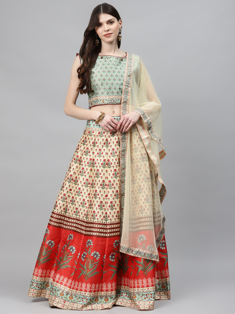 

Chhabra 555 Beige & Red Printed Made to Measure Lehenga & Blouse with Dupatta