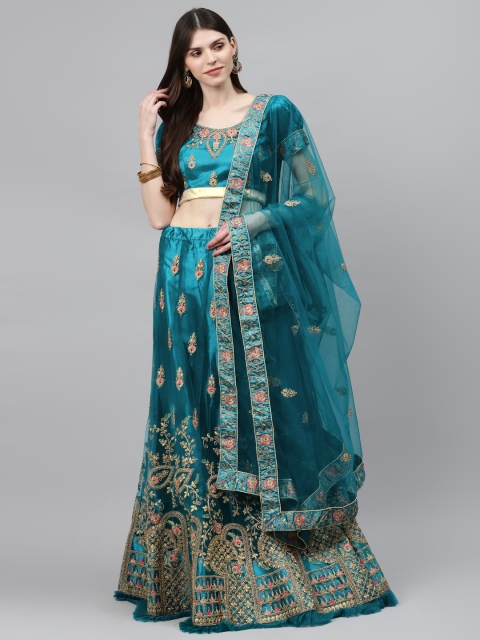 

Chhabra 555 Teal & Gold-Toned Embroidered Semi-Stitched Lehenga & Unstitched Blouse with Dupatta