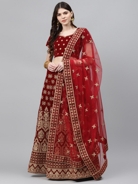 

Chhabra 555 Maroon & Gold-Toned Embroidered Semi-Stitched Lehenga & Unstitched Blouse with Dupatta