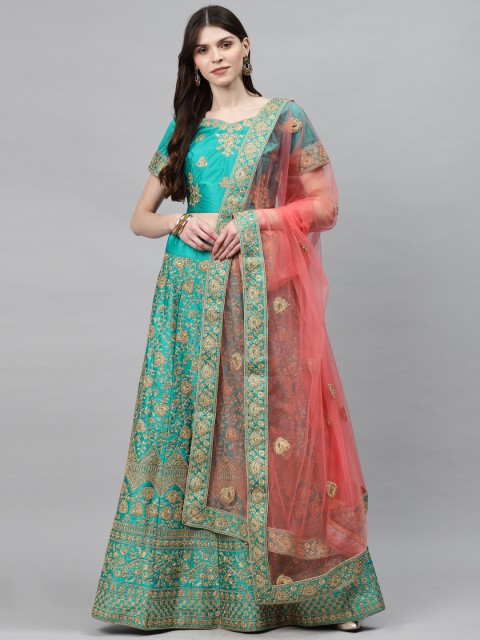 

Chhabra 555 Green & Pink Embroidered Semi-Stitched Lehenga & Unstitched Blouse with Dupatta
