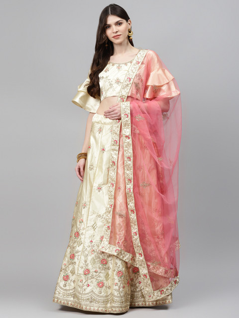 

Chhabra 555 Cream-Coloured & Gold-Toned Embroidered Semi-Stitched Lehenga & Unstitched Blouse with Dupatta
