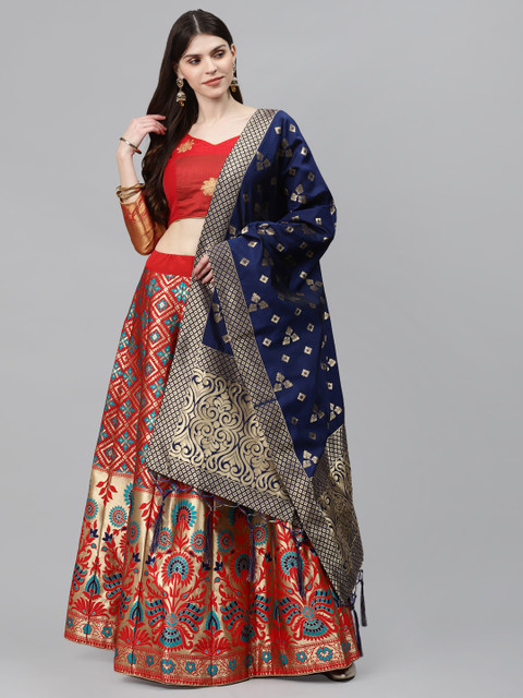 

Chhabra 555 Red & Navy Blue Woven Design Semi-Stitched Lehenga & Unstitched Blouse with Dupatta