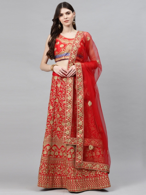 

Chhabra 555 Red & Gold Embroidered Semi-Stitched Lehenga & Unstitched Blouse with Dupatta