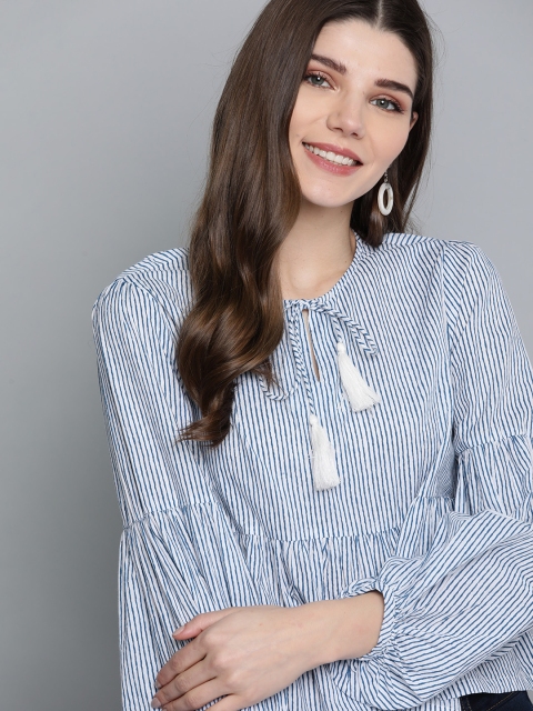 

Mast & Harbour Women White & Blue Striped Pure Cotton A-Line Top