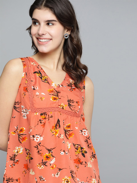 

Mast & Harbour Women Coral Orange & Black Floral Printed A-Line Top