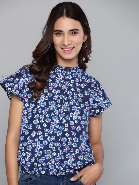 

Mast & Harbour Women Blue & White Floral Print Blouson Top