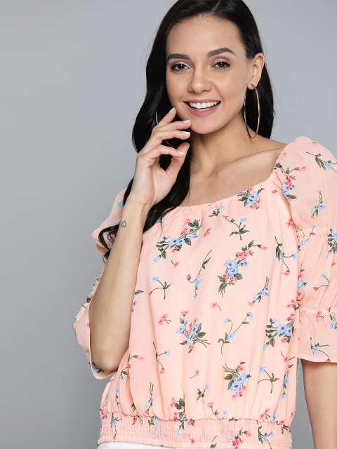 

Mast & Harbour Women Peach-Coloured & Blue Floral Print Blouson Top