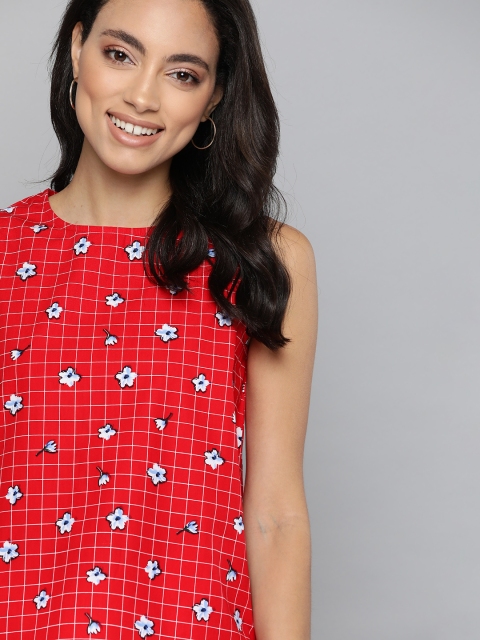 

Mast & Harbour Women Red & White Checked Pure Cotton Top with Floral Print Detail