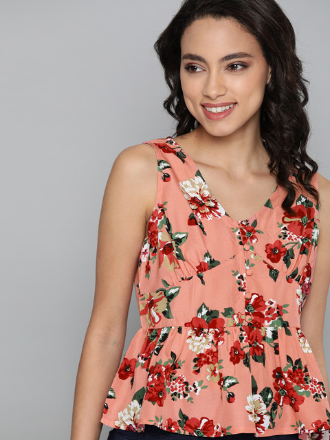 

Mast & Harbour Women Peach-Coloured & Red Floral Print A-Line Top