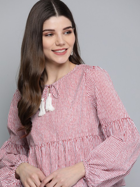 

Mast & Harbour Women White & Maroon Striped Pure Cotton A-Line Top