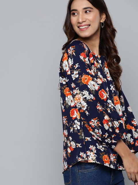 

Mast & Harbour Women Navy Blue & Orange Floral Print Top