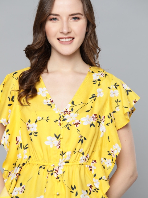 

Mast & Harbour Women Yellow & White Floral Print Kaftan Top