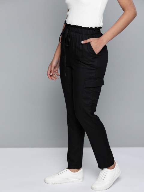 

Mast & Harbour Women Black Regular Fit Solid Paperbag Cargos