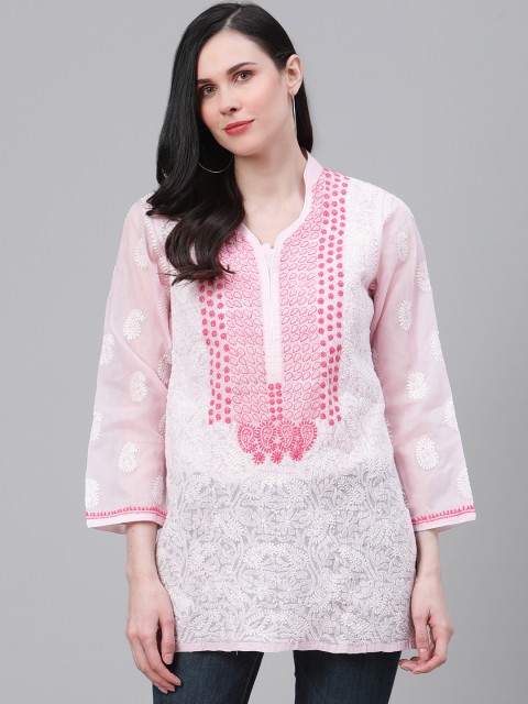 

ADA Women Pink & White Pure Cotton Chikankari Paisley Embroidered Straight Kurti