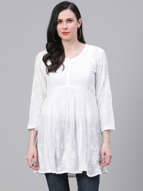 

ADA Women White Chikankari Embroidered A-Line Pure Cotton Kurti