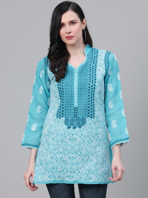 

ADA Women Blue & White Pure Cotton Chikankari Embroidered Straight Sustainable Kurti